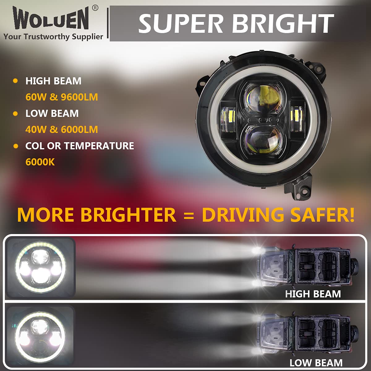WOLUEN For Je ep JL RGBW Halo Headlights and Fog Lights Combo - Super Bright 9 Inch LED RGB Halo Headlights, 4 inch RGB Fogs For 2018-2023+ Wrangler JL Sahara Rubicon 2020-2023+ Gladiator JT