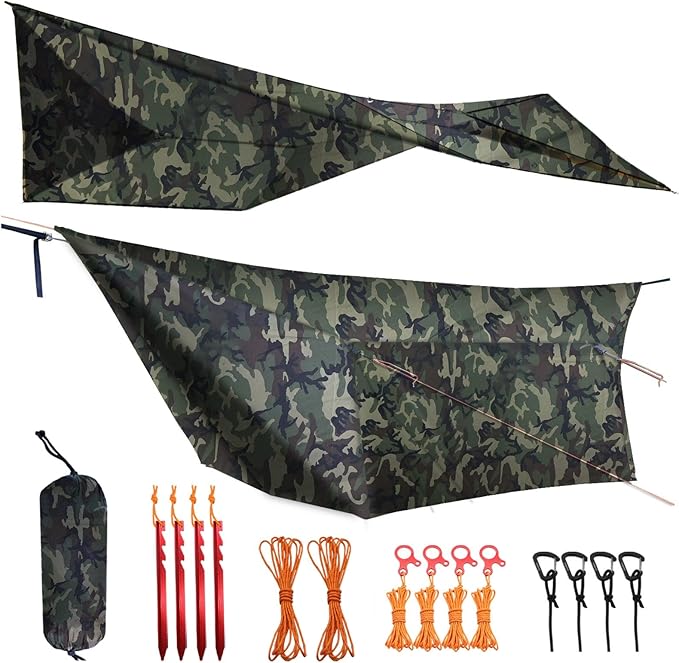 Onewind 12ft Camo Camping Tarp, Billow Tarp Shelter Lightweight and Waterproof Hammock Rainfly for Stealth Camping, Army, Military and Bushcraft, Easy to Setup with Tent Pegs and Guyline, Camouflage