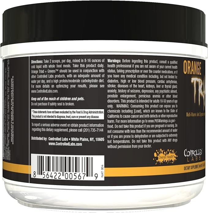 CONTROLLED LABS Orange Triad Plus Greens for Men and Women, 30 Servings Iron Free Sports Supplement for Overall Health, Multivitamin, Digestion, Immune System, and Joint Health