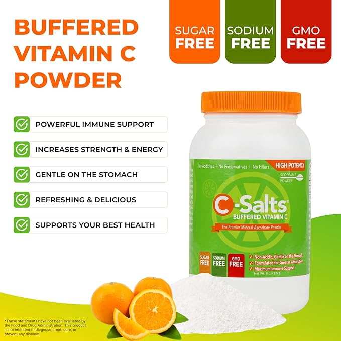 C-Salts Original Vitamin C Powder Supplement - 100% Pure High Dose Buffered Vitamin C Powder for Immune Support - Sugar-Free Powdered Drink Ascorbate, Organic, Stomach-Friendly, Original 26oz