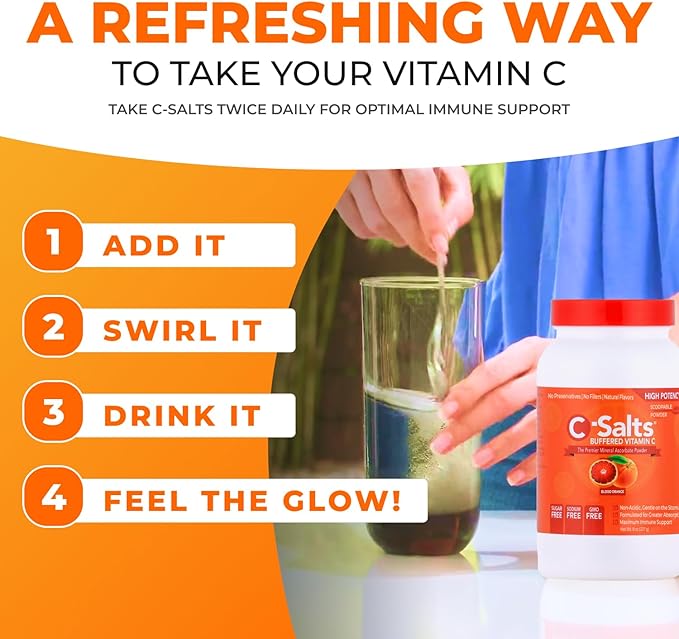 C-Salts Original Vitamin C Powder Supplement - 100% Pure High Dose Buffered Vitamin C Powder for Immune Support - Sugar-Free Powdered Drink Ascorbate, Organic, Stomach-Friendly, Blood Orange 26oz