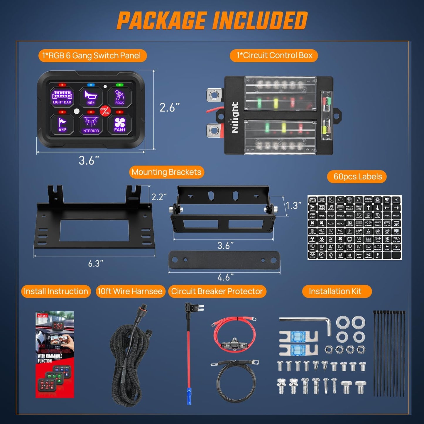 Nilight 6 Gang Switch Panel 12V 24V Universal Circuit Control Relay System with RGB Backlight APP Fuse Wiring Harness Automatic Dimmable ON Off LED Switches Pod for Car Pickup Truck Camper SUV