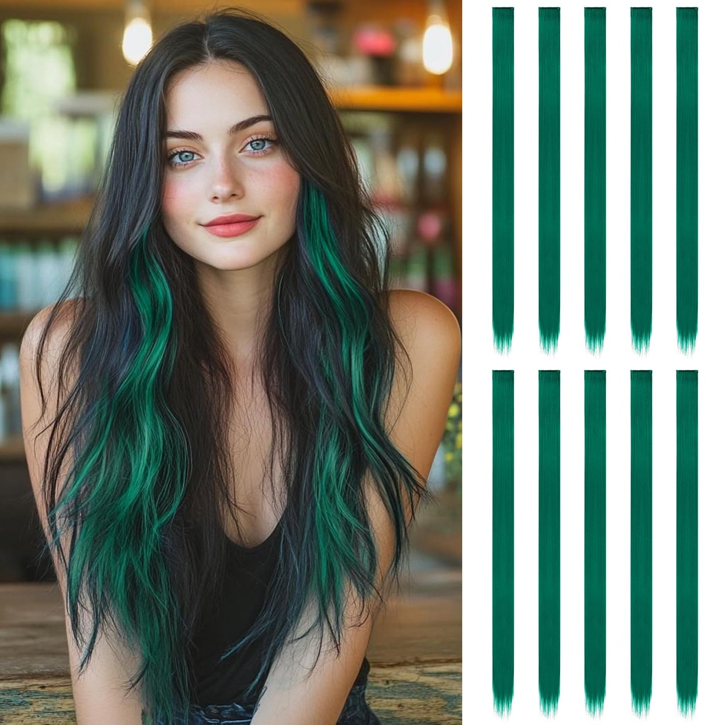 FESHFEN Colored Clip in Hair Extensions - 10 PCS Polaris Dark Green Highlighted Hair Piece Straight Synthetic Clip in Hairpieces for Women 22 inch