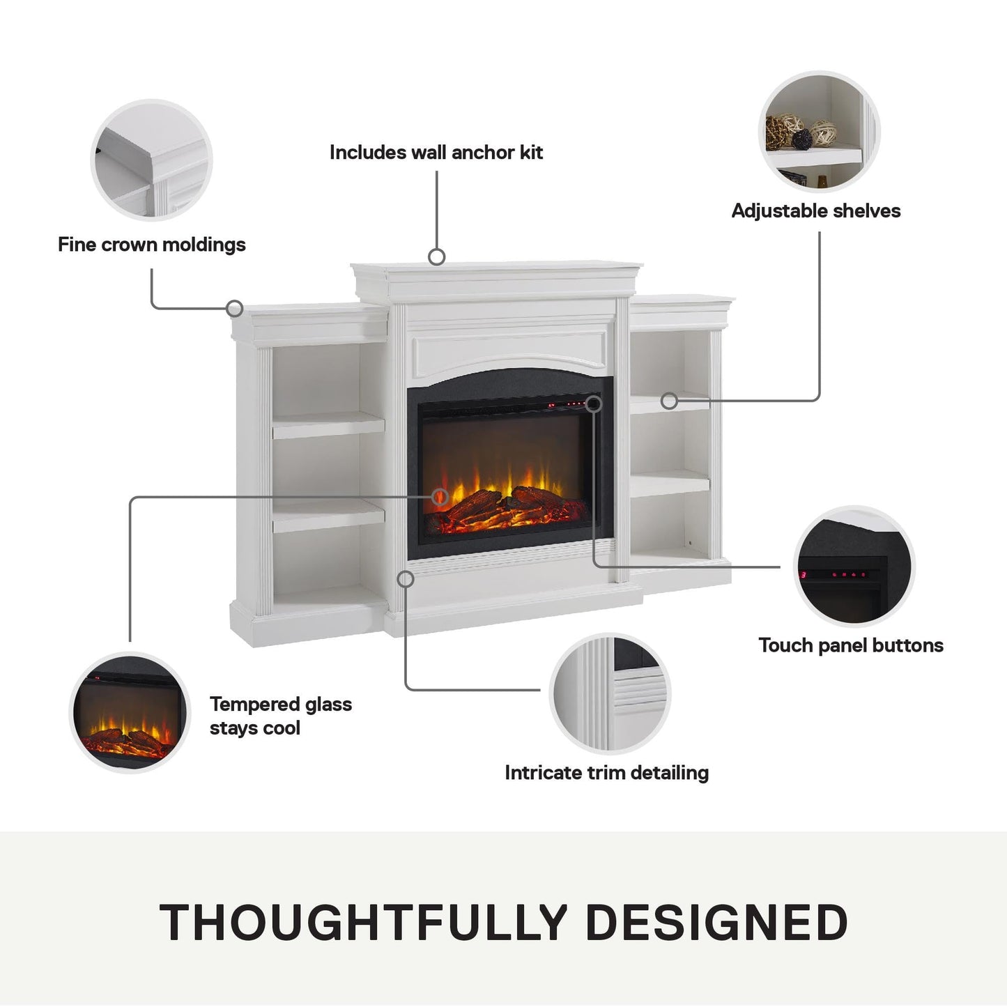 Ameriwood Home Lamont 69 Inch Electric Fireplace with Mantel, Shelves, Replaceable Fireplace Insert Heater, Remote Control, Timer, Realistic Log and Flame Effect, For Living Room or Bedroom, White