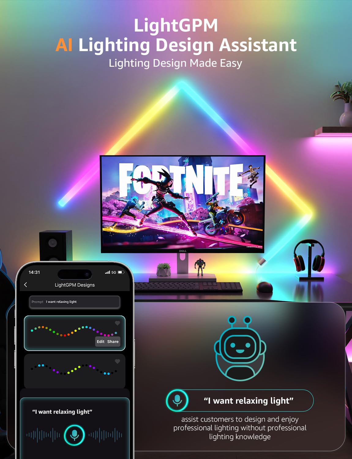 Lepro WL1 AI Smart RGB Wall Lights for Christmas Decorations, LLM AI Generated Lighting with LightBeats Music Sync, Voice Control Via App, Wi-Fi & Bluetooth LED Light Bars, 8 Pcs with 4 Corners