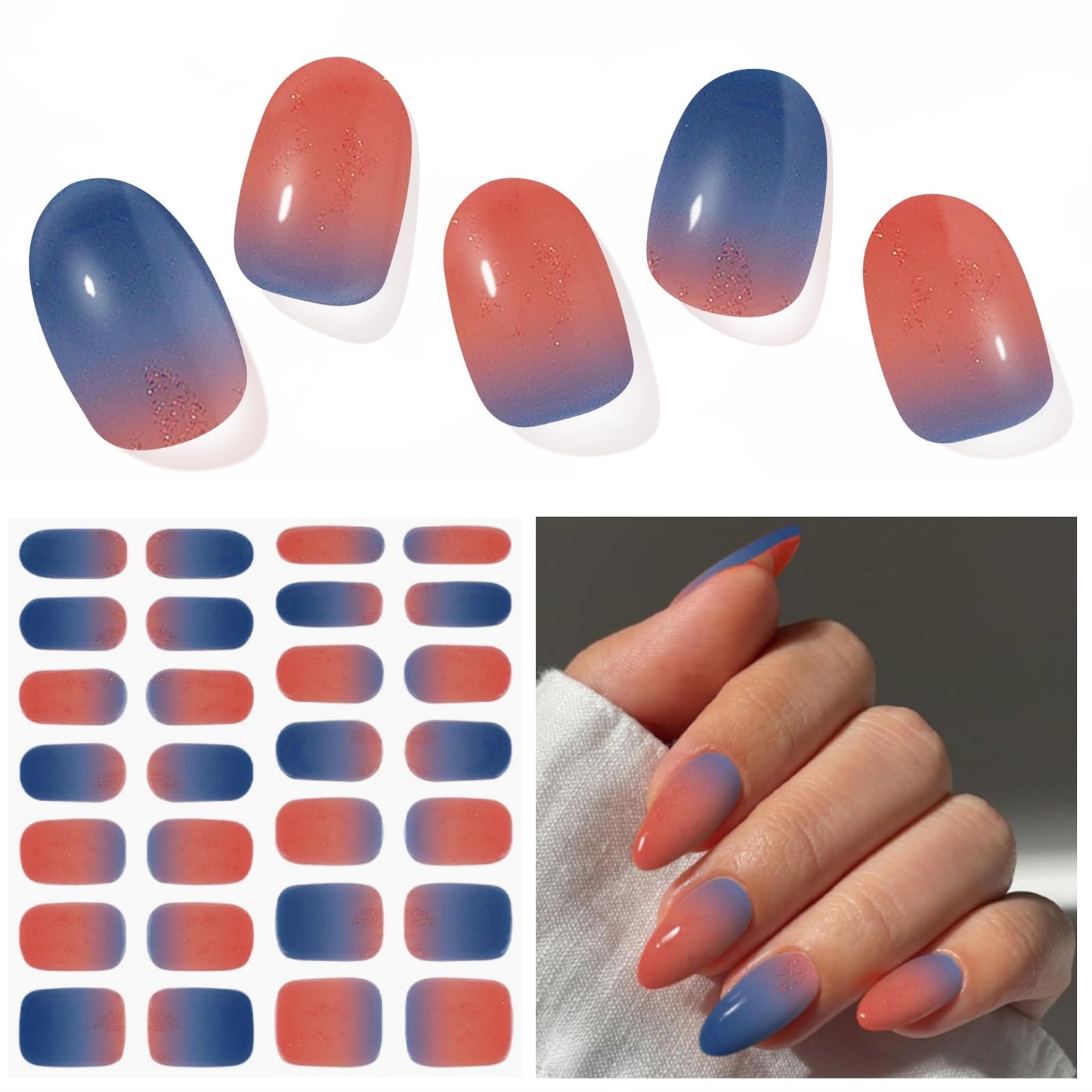DUKASOU Semi Cured Gel Nail Strips for Christmas, 28 pcs Gel Nail Strips Work with Any UV Lamp, Long Lasting Gel Nail Stickers Full Nail Wraps, Salon Quality, Easy to Apply (Sunset)