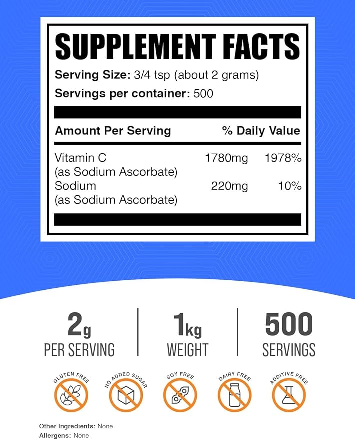 BulkSupplements.com Sodium Ascorbate Powder - for Immune Support, Sodium Ascorbate Vitamin C - Buffered Vitamin C, Gluten Free, 2000mg per Serving, 1kg (2.2 lbs) (Pack of 1)