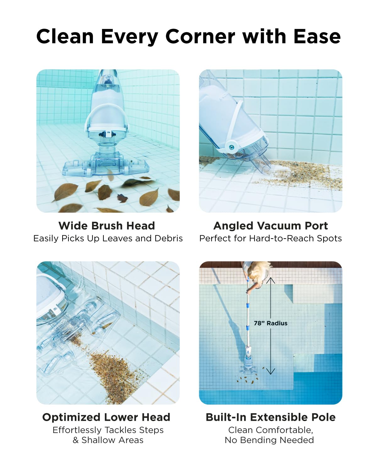 InoKraft Cordless Pool Vacuum Cleaner, Rechargeable, Handheld Pool Vacuum for Above Ground and Inground Pools, Transparent Head, 59” Extendable Pole, for Leaves, Debris, Shallow Steps, Blue