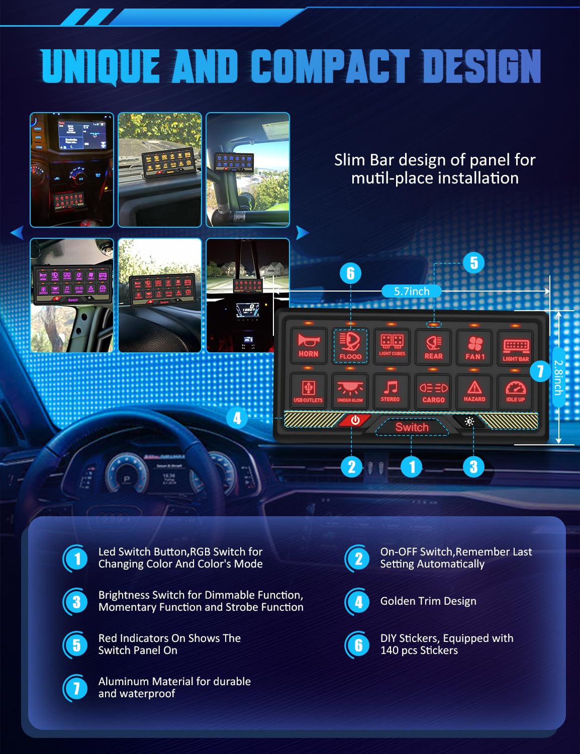 Chelhead 12 Gang Switch Panel RGB Acc Battery Control Control Toggle Momentary Pulsed Switch for Led Light Bar Pods Compatible with Truck Offroad UTV ATV Car Marine 12V 24V