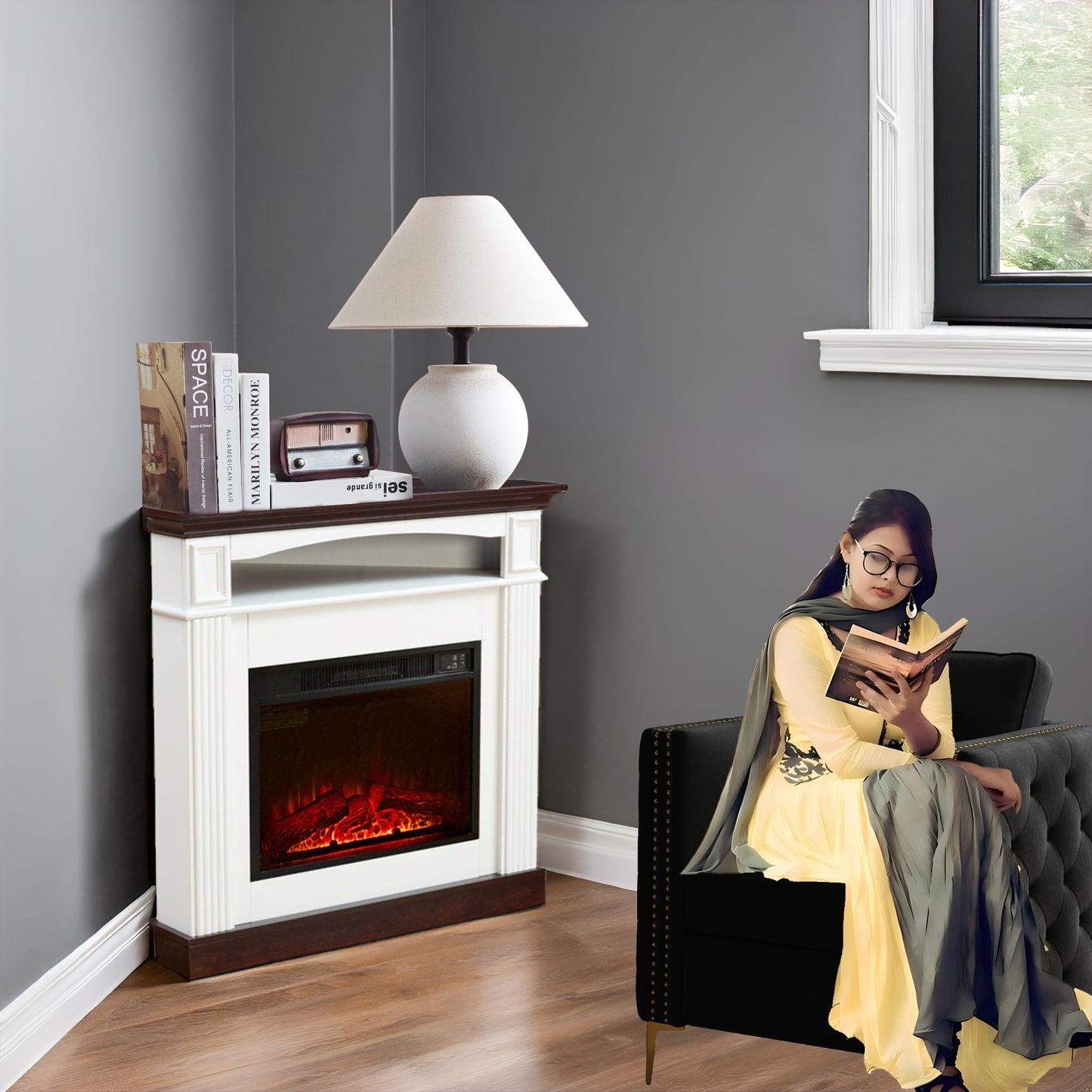 Corner Electric Fireplace with Mantel, Space Heaters for Indoor Use with 23" Fireplace Insert, Adjustable Flame, Remote Control, Electric Fireplaces for Livingroom, Bedroom,Studyroom (White-Corner)