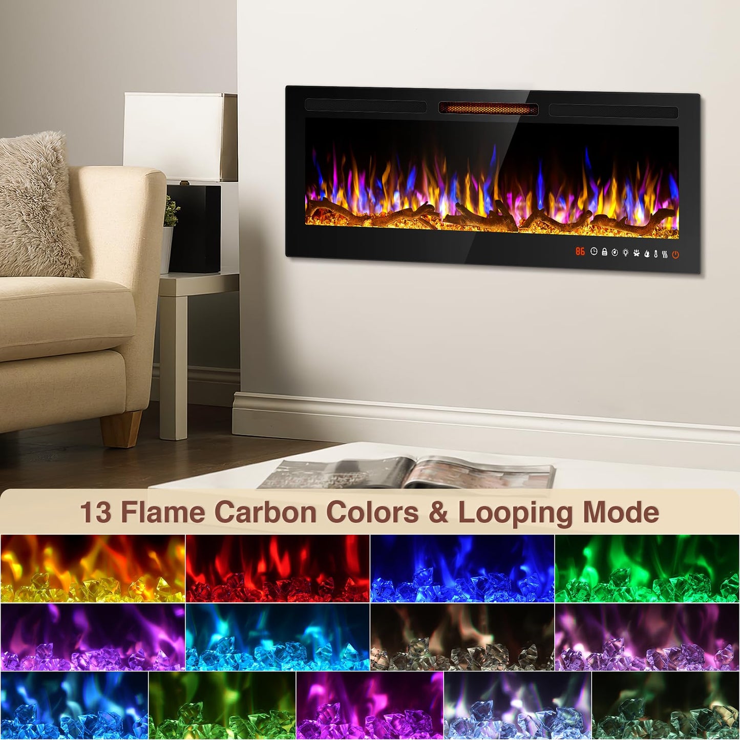 ALPACA 36'' Smart WiFi Electric Fireplace Recessed, Wall Mounted and Freestanding Linear Fireplace, Compatible with Alexa and Smart APP Control,13 Adjustable Flame Color and 5 Brightness, 750W/1500W