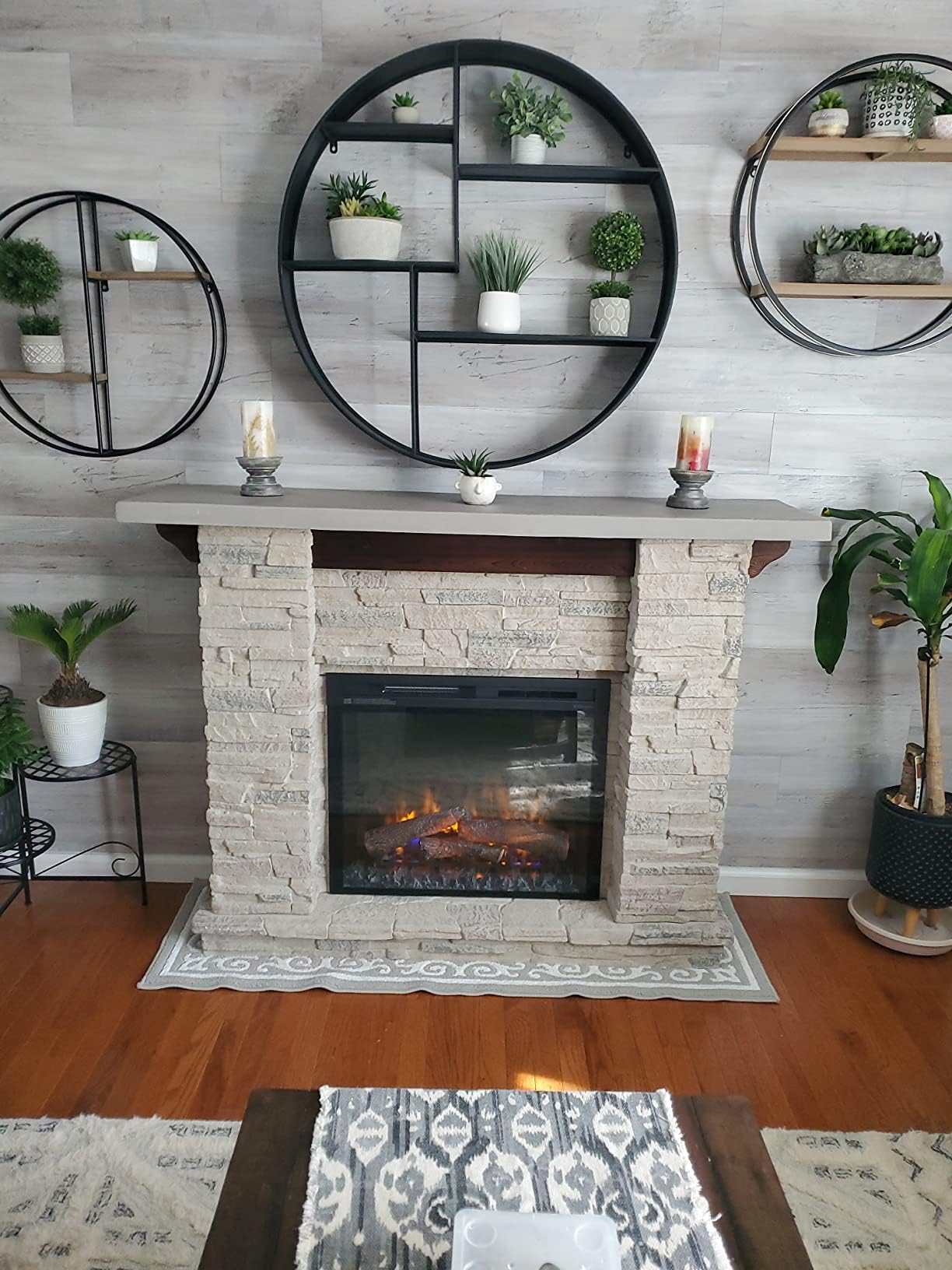 Dimplex Featherston Electric Fireplace with Mantel Surround Package | Pine with Gray Stone-Look, Includes 28" Electric Firebox Heater | 1500W | LED Flames | Remote Control | #GDS28L8-1152LR