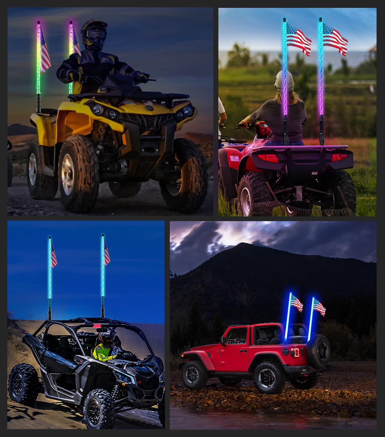 ZIMABLUE 2PC 4FT Whip Lights for Side by Side, App & Remote Control RGB Chasing Lighted Whips with 3 Switchs for ATV UTV Dune Buggy Truck,LED Whips Compatible with Polaris RZR Can-Am Maverick X3