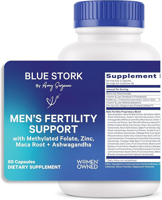 Blue Stork Fertility Supplements for Men - Supports Conception for Him - Male Prenatal Vitamins with Maca Root, Ashwagandha, Folate, B12 - Sperm Heath, Drive, Motility - 60 Capsules