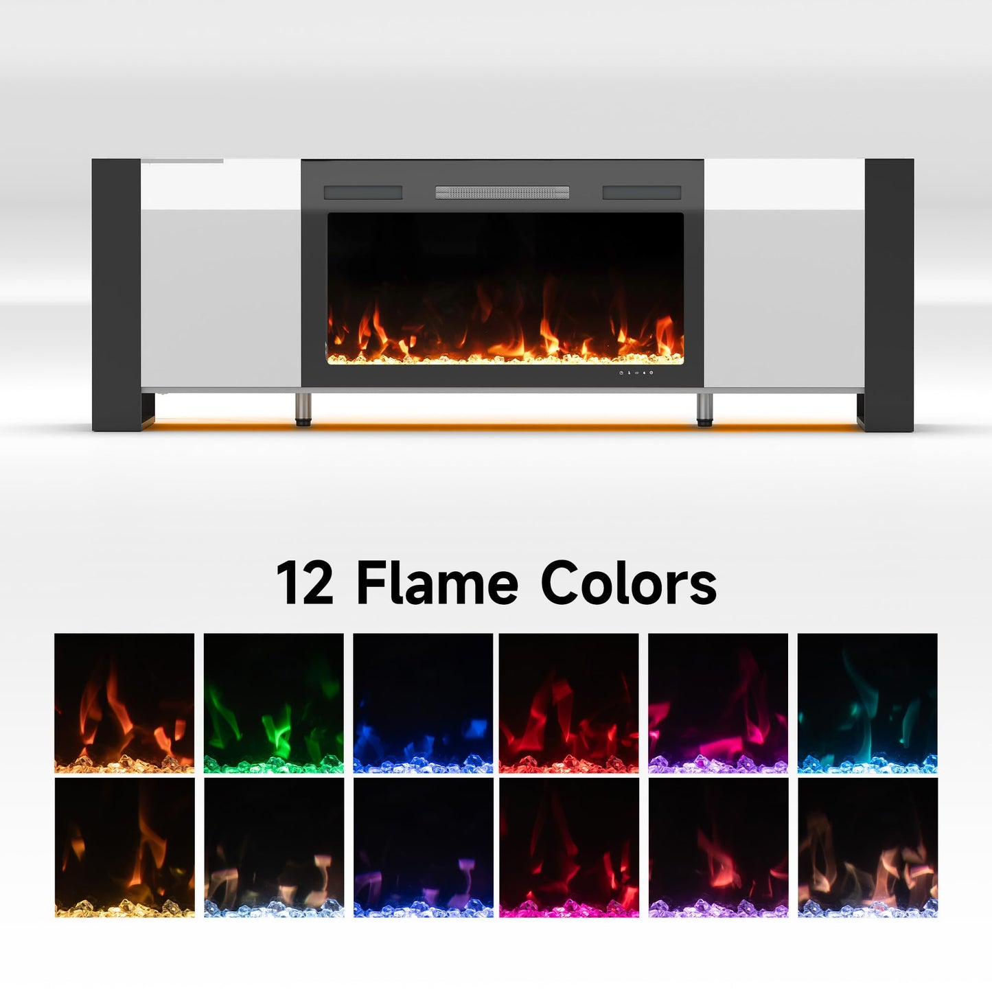 Real Relax 70" U-Shaped Leg TV Stand with 36" Electric Fireplace, High Gloss Finish Entertainment Center for TVs Up to 80", TV Console Cabinet for Living Room, White