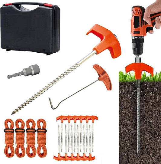 12 Pack Tent Stakes Heavy Duty, Screw in Tent Stakes Heavy Duty, Metal Tent Stakes, 8" Tent Pegs, Camping Stakes, with 1 Hex Head Driver, 1Stopper T Pull Hook, with 4 X 13ft Ropes,Storage Box (A1)