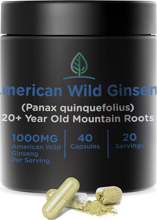 Holistic Bin Wild American Ginseng Capsules Pure Organic Ginseng Supplement Made with Wild Harvested 20+ Year Old Roots from Appalachia (Panax Quinquefolius) | No Fillers (40 Capsules)
