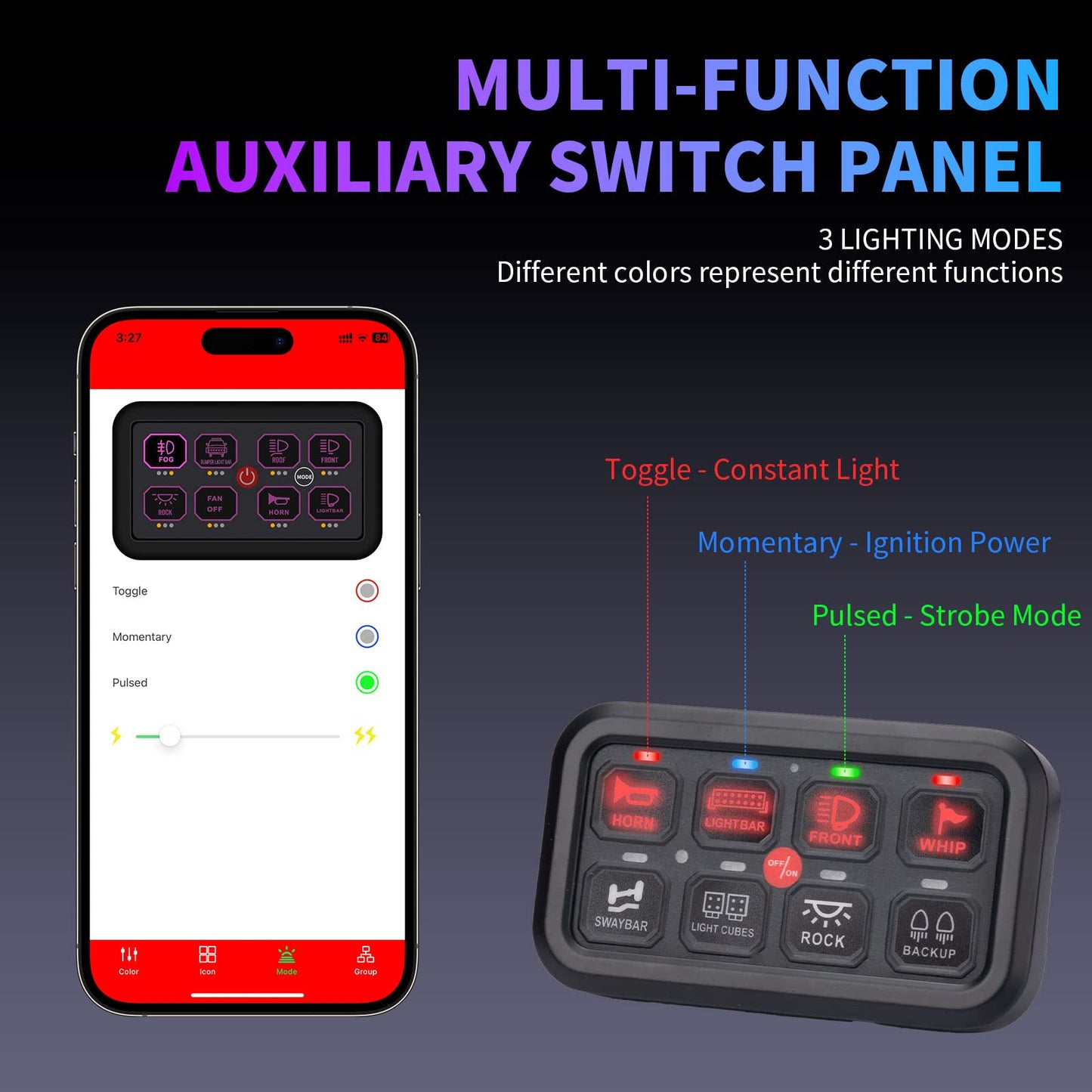 YCHOW-TECH RGB 8 Gang Switch Panel with 3 Lighting Modes Switch Pod Dimmable Function Toggle Momentary Pulsed Bluetooth Switch Circuit Control Relay System Box for Truck SUV Offroad Marine