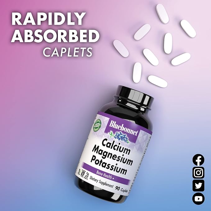 Bluebonnet Calcium Magnesium Potassium Supplement for Women & Men - Supports Healthy Bones - Calcium 1000mg Mineral Supplement Chelate Form - Non-GMO, Vegan, Gluten-Free - 180 Caplets