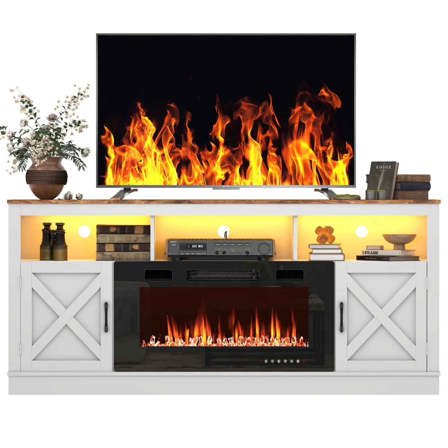 jiteentarou Farmhouse Fireplace TV Stand for 70/75/80 Inch TV, 32”Tall Entertainment Center w/ 36”Electric Fireplace and LED Light, 70”Media Console w/Barn Door Cabinet for Living Room, White