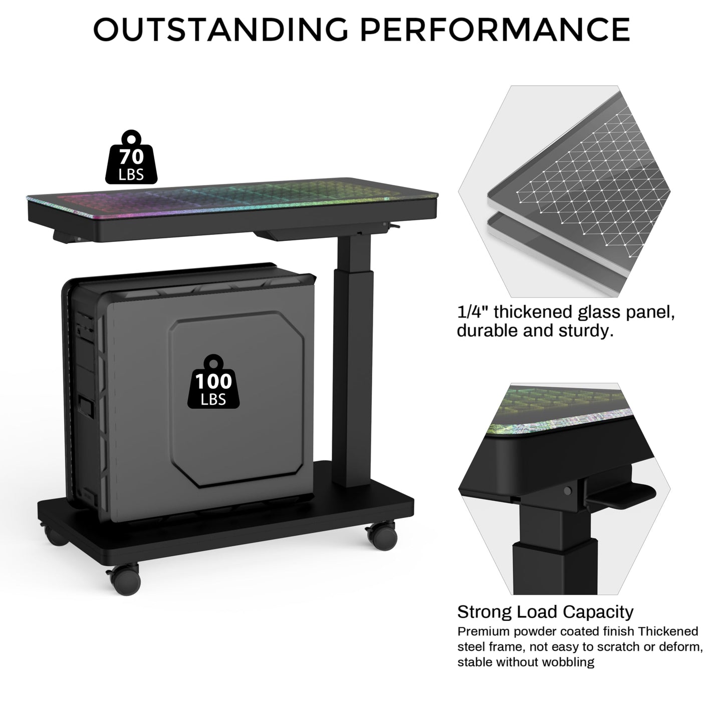 EUREKA ERGONOMIC Height Adjustable Computer Tower Stand, Illuminated Glass Panel PC Stand w/RGB Lights, 2-Tier CPU Holder Cart Under Desk, PC Floor Stand for Office Gaming, APP Control