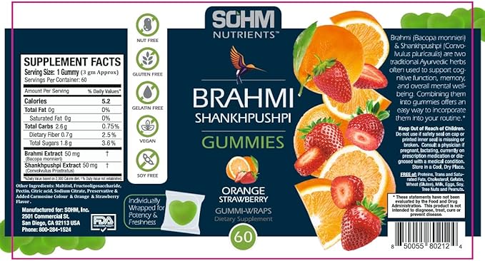 Brahmi and Shankhpushpi Gummies, 60 Count Individually Wrapped, Supports Immune System Vegetarian Without Gluten