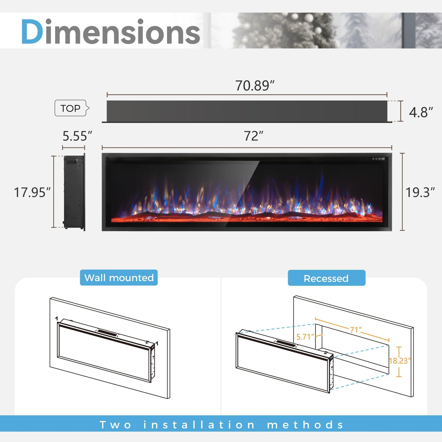 GREEN PARTY 72" Electric Fireplace Recessed/Wall Mounted Ultra Slim Frame Fireplace Heater with Log & Crystal Options, 750W/1500W, Adjustable Flame Bed Colors, Speed, Timer, Temperature (60.8℉-86℉)