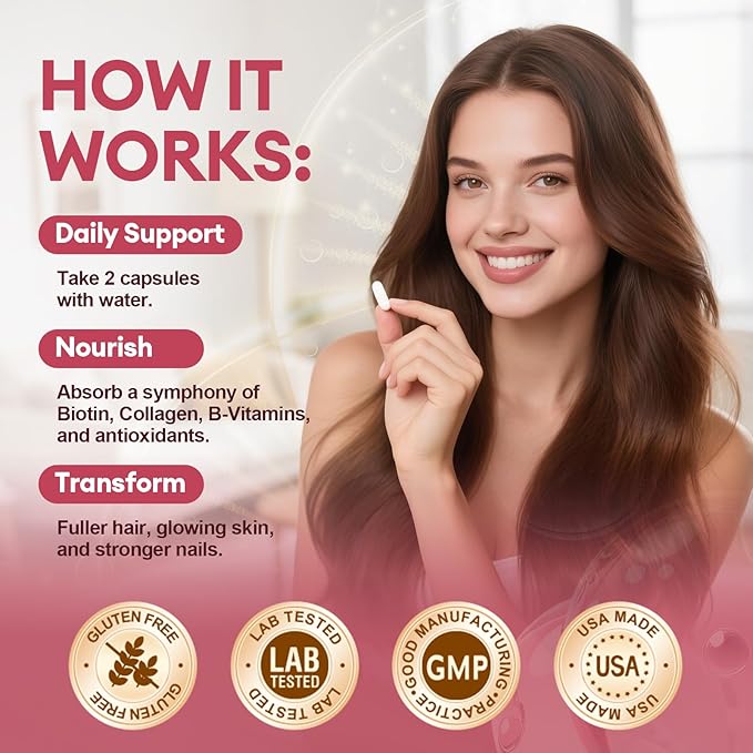 Biotin 10,000mcg | Collagen | Hyaluronic Acid | Vitamin B, C, D3, E, Folate, Iron, 25-in-1 Formula Hair, Skin & Nails Supplement, Hair Growth Support, Skin & Nails Complex for Women