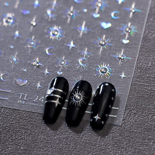 5D Embossed Star Nail Stickers Laser Sun Moon Heart Nail Art Stickers Silver Star Nail Decals Self-Adhesive Rhinestone Stickers Shiny Nail Supplies for Women Girls DIY Manicure