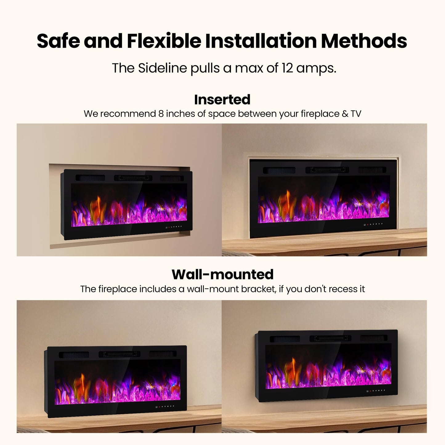 Electric Fireplace Inserts 42 Inch Wide, RealSmart Wall Mounted Fireplace 750W/1500W in-Wall Recessed Heaters with Remote Control, Timer, 12 Adjustable Color Flame & Brightness, Touch Screen