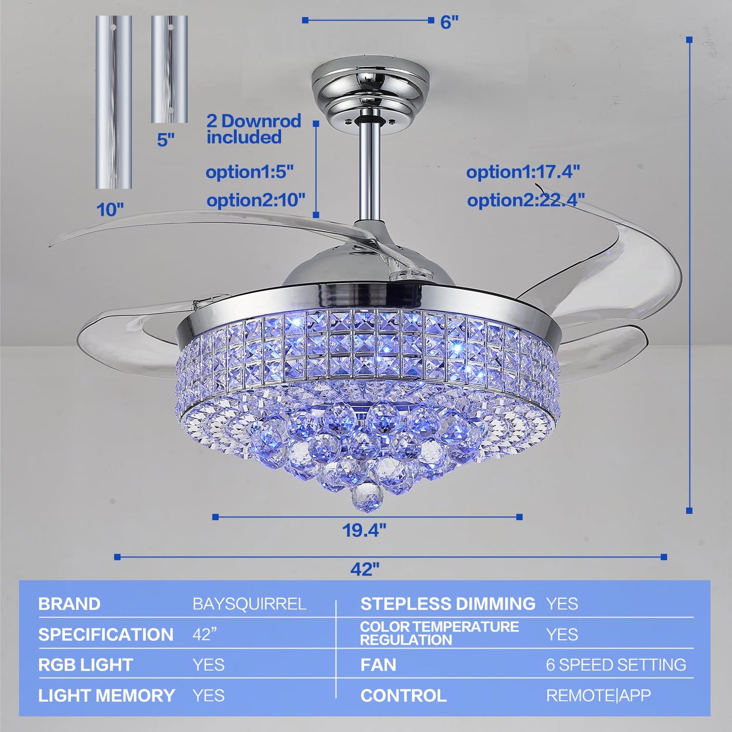 Zynfandor 42” Bluetooth Ceiling Fan with Light and Speaker,RGB Retractable Blades Crystal Fandelier Music Player LED Chandelier 6-Speed APP Control Timer Remote Control for Bedroom Silver