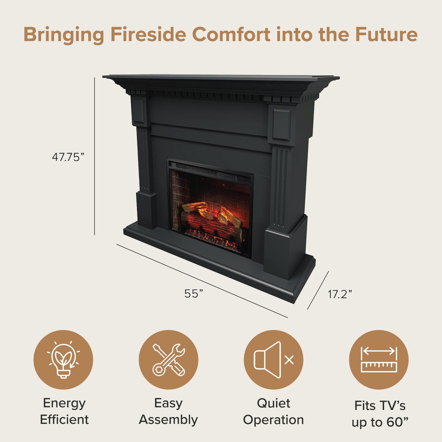 Modern Ember Augustine Black Mantel Package 55" W x 48" H with 28 Inch Electric Fireplace Insert - 1,000 Sq Ft Heater 4 Flame Colors, Ember Bed Included | Alexa/WiFi Enabled