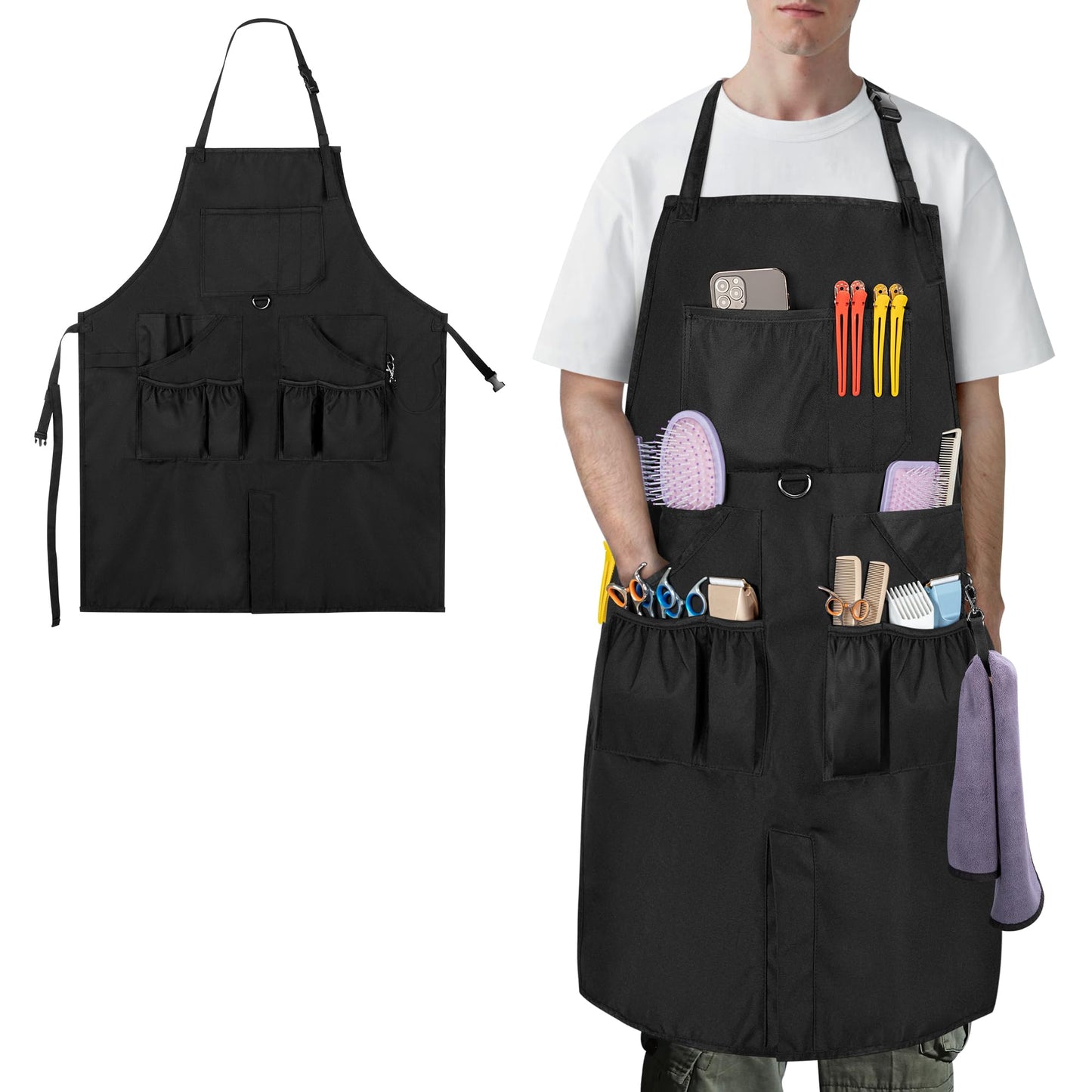 HODRANT Barber Apron for Men & Women, Water-resistant Hair Stylist Apron with Multiple Pockets & Adjustable Neck Strap for Hairdresser, Cosmetology