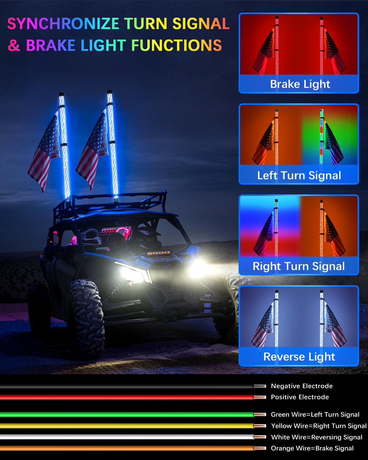 Tavaray 2PCS 3FT Fat Whip Lights – Spiral RGB Chasing Lighted Antenna Whips with Flag, Whip Lights for Side by Side UTV ATV RZR Can-Am X3, with App/Remote Control, Turn Signal & Rocker Switch