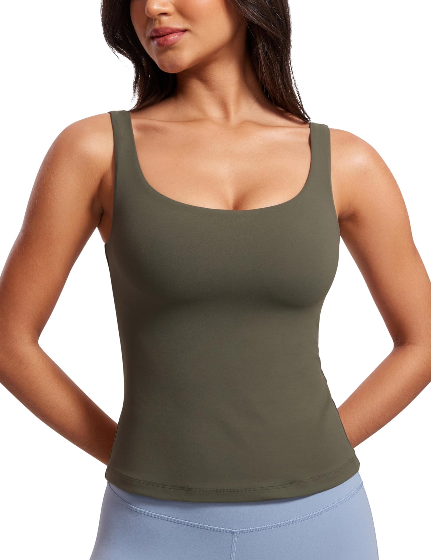 CRZ YOGA Butterluxe Workout Tank Tops for Women U Neck Padded Crop Tops Athletic Camisole Tops with Built in Bra Light Army Green Medium
