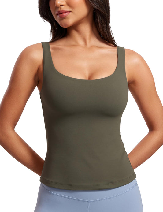 CRZ YOGA Butterluxe Workout Tank Tops for Women U Neck Padded Crop Tops Athletic Camisole Tops with Built in Bra Light Army Green Medium
