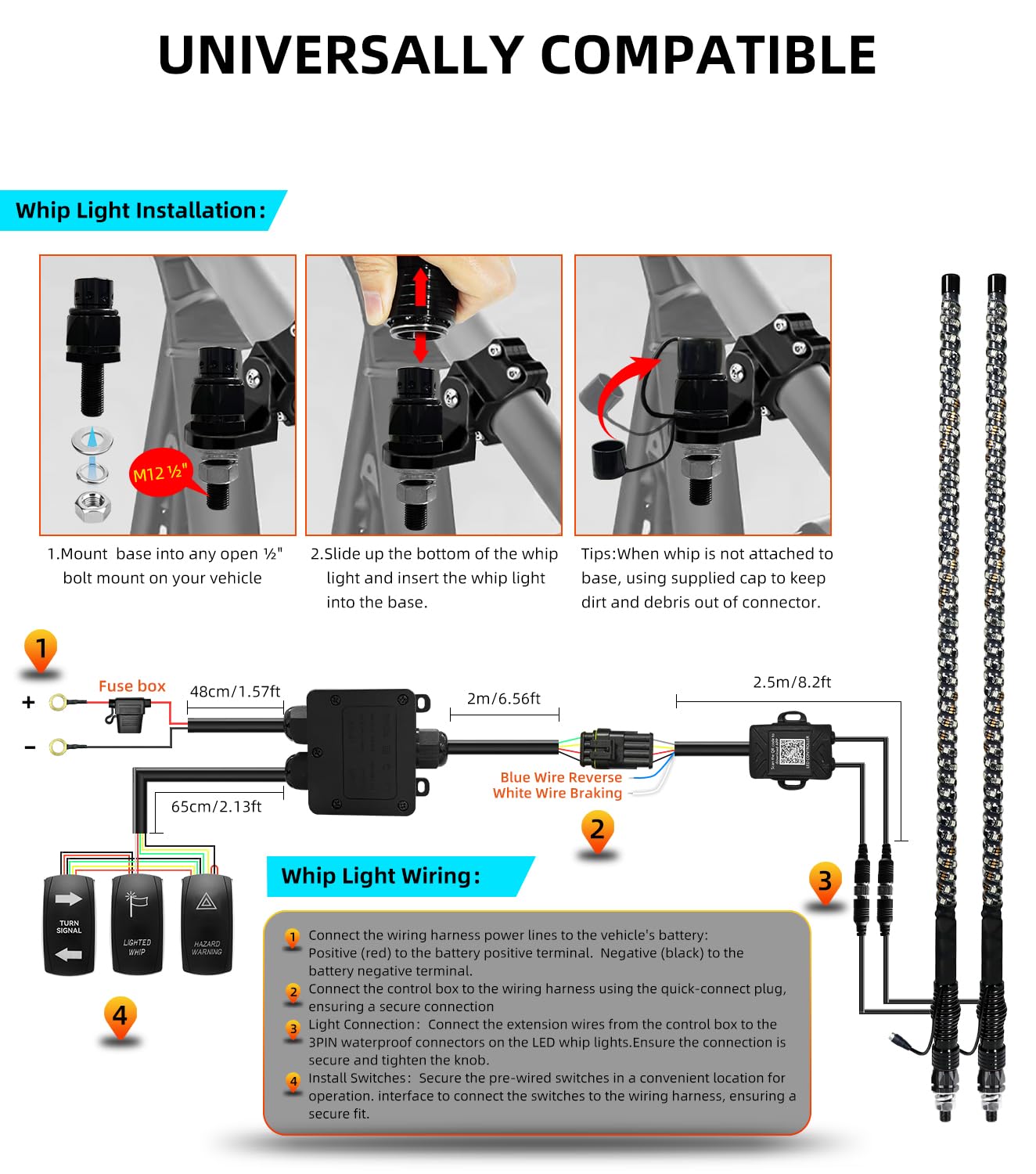 ZIMABLUE 2PC 4FT Whip Lights for Side by Side, App & Remote Control RGB Chasing Lighted Whips with 3 Switchs for ATV UTV Dune Buggy Truck,LED Whips Compatible with Polaris RZR Can-Am Maverick X3