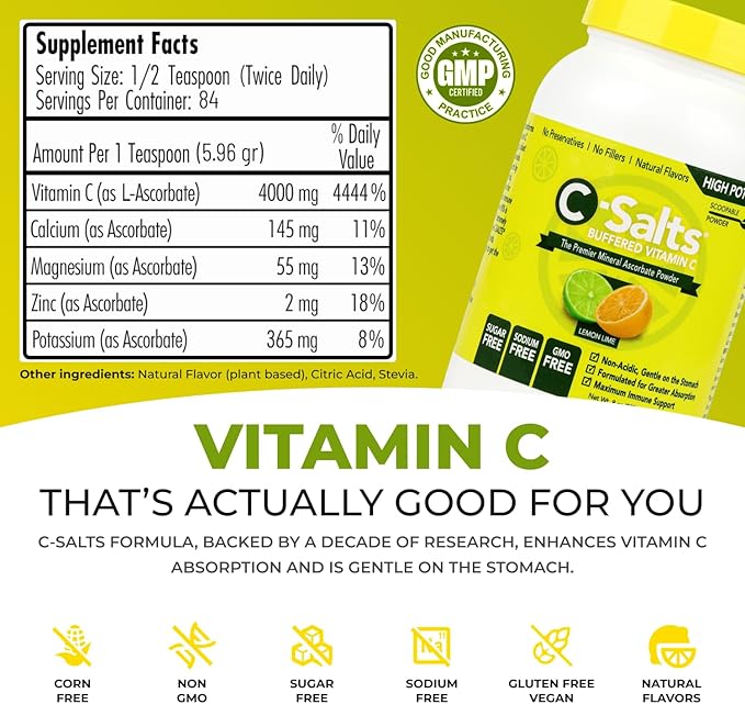 C-Salts Original Vitamin C Powder Supplement - 100% Pure High Dose Buffered Vitamin C Powder for Immune Support - Sugar-Free Powdered Drink Ascorbate, Organic, Stomach-Friendly, Lemon Lime 8oz