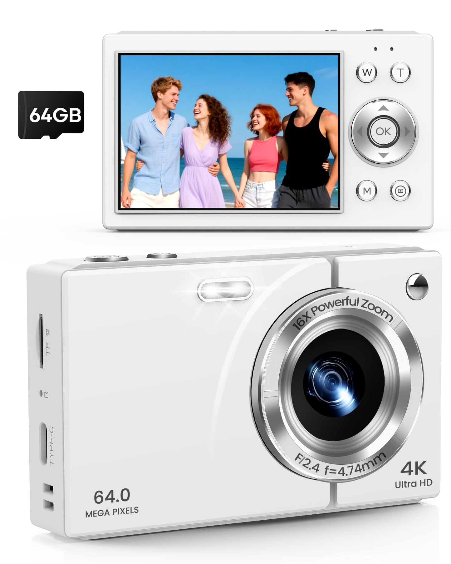 Digital Camera, 4K Vlogging Camera with Autofocus, 64MP, 16X Zoom, 64GB Card Included, Built-in Battery, Compact Digital Camera for Teens Adult Beginners, Ideal for Travel & YouTube - White
