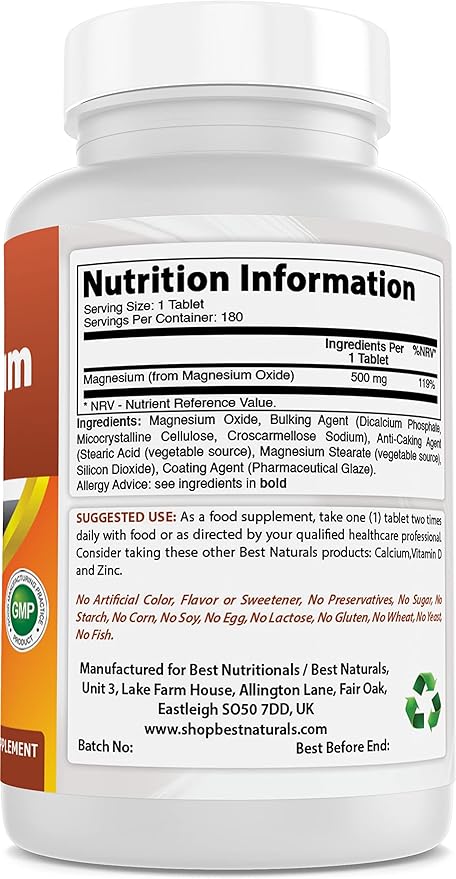 Best Naturals Magnesium oxide 500 mg 180 tablets