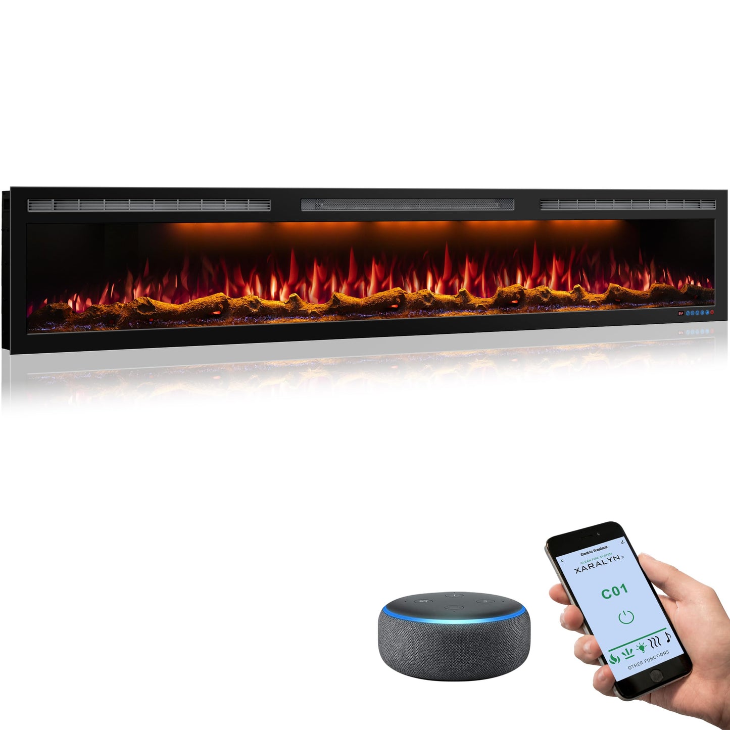 Mystflame 95 Inch WiFi-Enabled Electric Fireplace Inserts & Wall Mounted, Slim Electric Fireplace Heater, 750/1500w, Adjustable Flame Color, Remote Control & Touch Screen, Logs & Crystals, Black