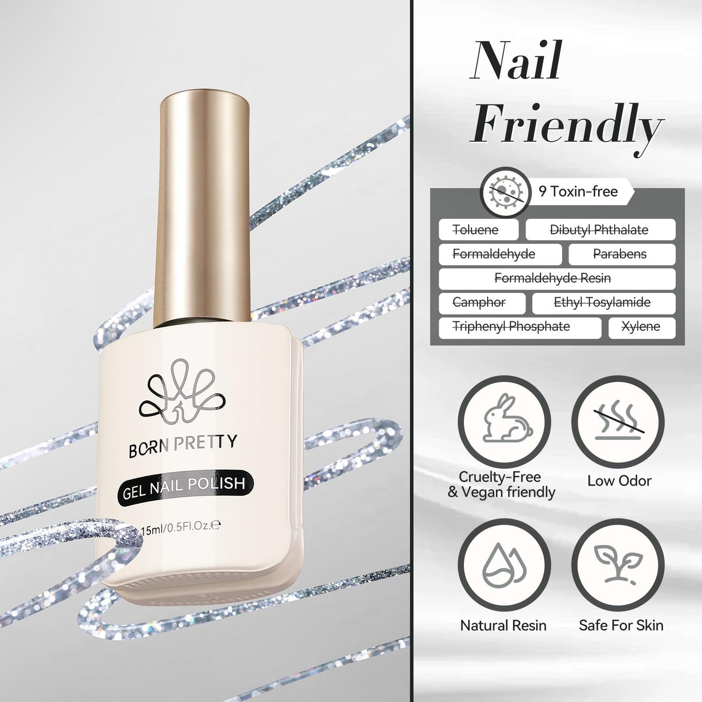 Born Pretty Silver Glitter Gel Nail Polish Christmas Shimmer Sparkly Shiny Silver Hema-Free Gel Polish Nail Art Design Manicure DIY at Home 15ml