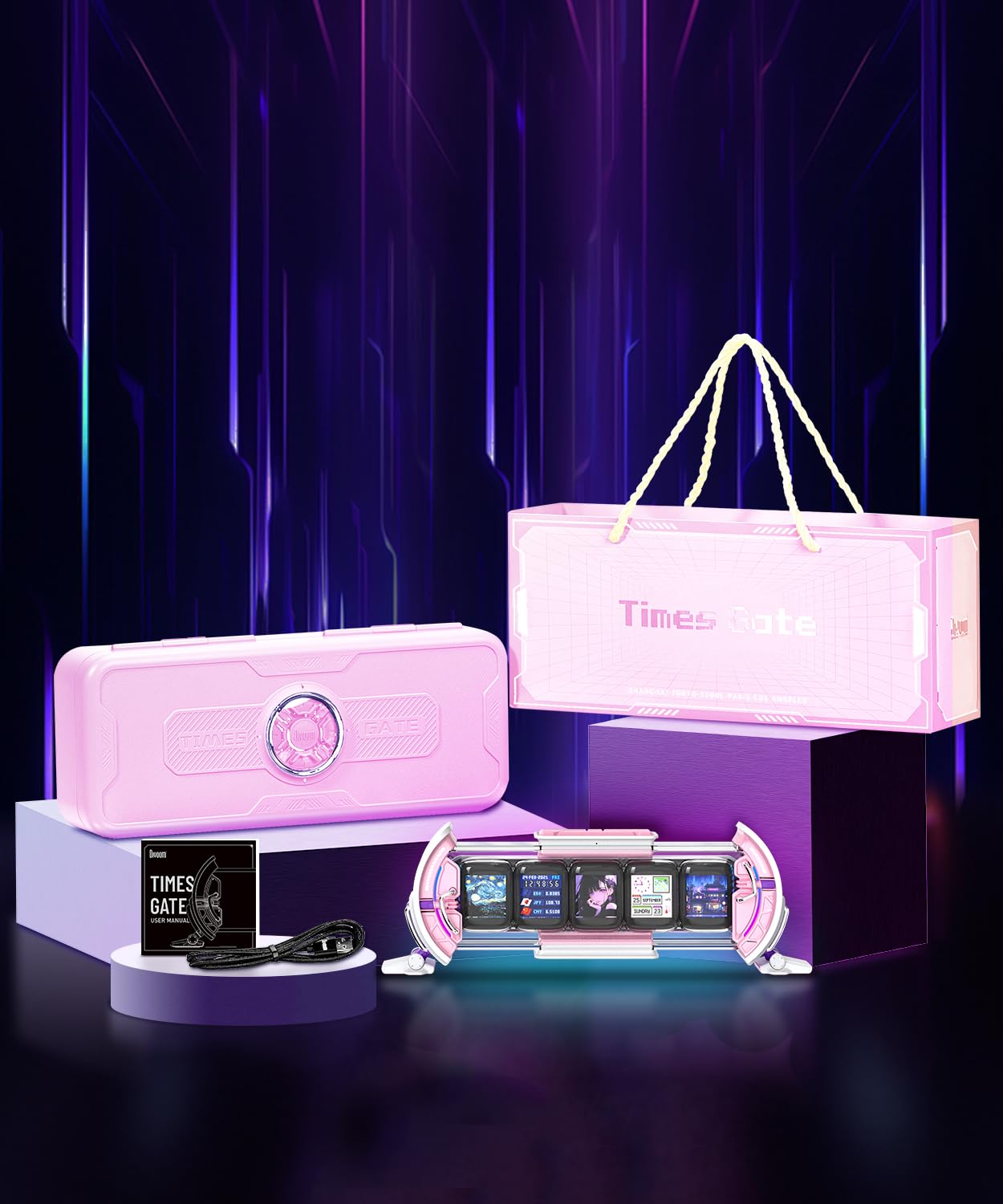 Divoom Times Gate Cyberpunk Digital Clock - Smart App Control, WiFi Connectivity, RGB LED Display, Customizable Dashboard & Pixel Art for Gaming Room and Office Decor (Pink)