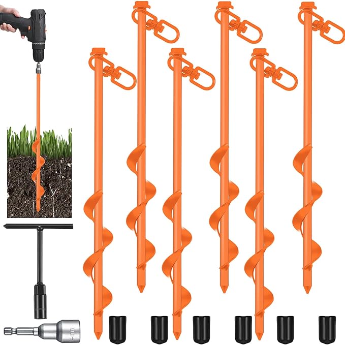 Reginary 12 Inch Tent Stakes Heavy Duty Screw in Ground Anchors High Wind Camping Stakes for Trampoline Canopy Carport Sheds Anchor Beach Sand Stakes Metal Swing Set(Orange,6 Pcs)