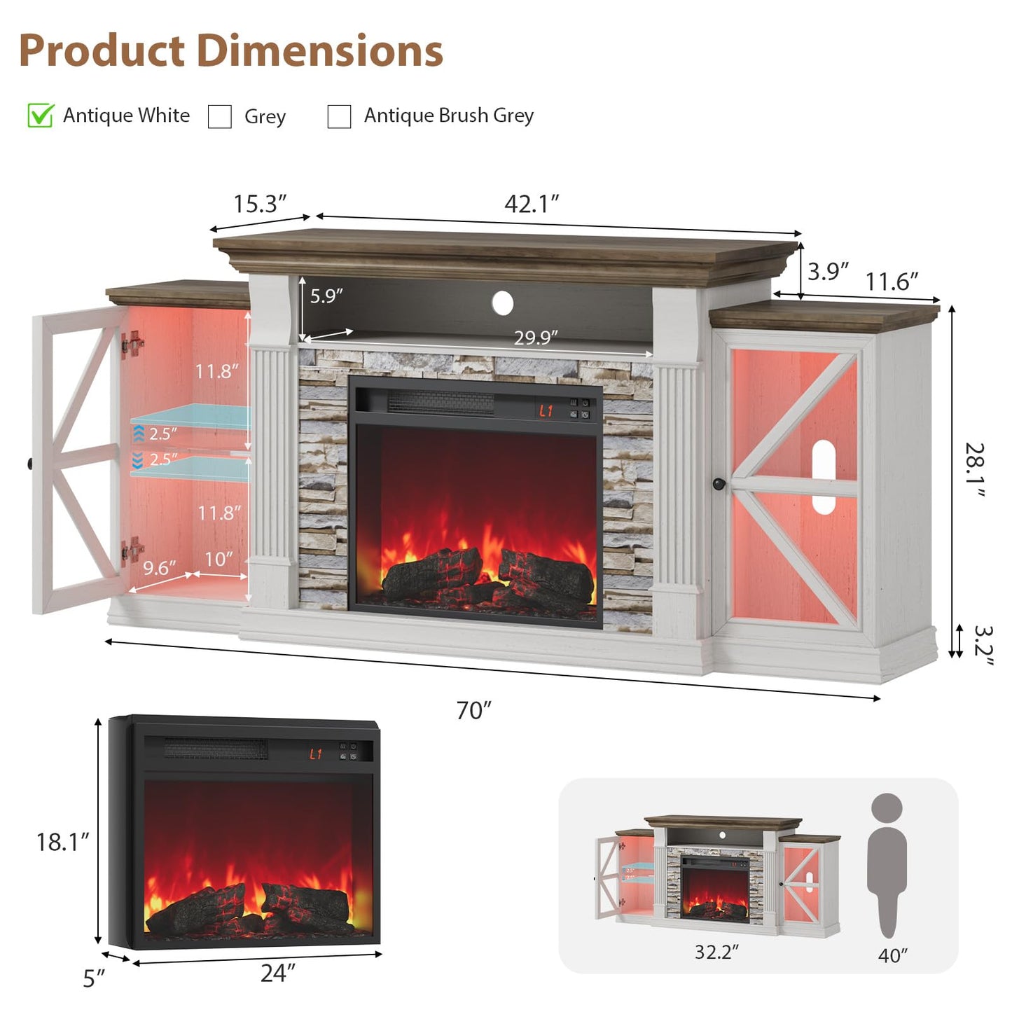 QUW Electric Fireplace TV Stand, 70" Farmhouse Entertainment Center with Open Shelf and Glass Barn Door Cabniet, Modern TV Console Table with 7 Flame Colors for Living Room, Antique White