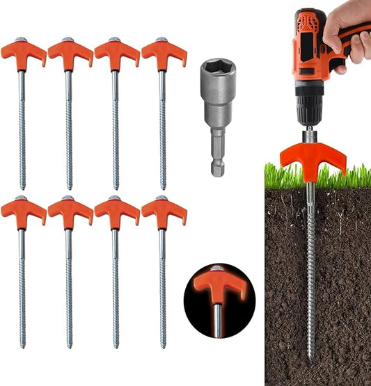 8" Screw in Tent Stakes - Ground Anchors Screw in, Screw in Tent Stakes Heavy Duty, Tent Pegs Camping Stakes, Metal Threaded Tent Spikes, Screw Tent Stakes with Hex Sleeves (8Pcs Orange)
