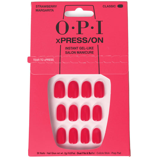 OPI xPRESS/ON Strawberry Margarita | Bright Pink Short Round Press On Nails | With Nail Glue | Long Lasting, Reusable, Non-damaging