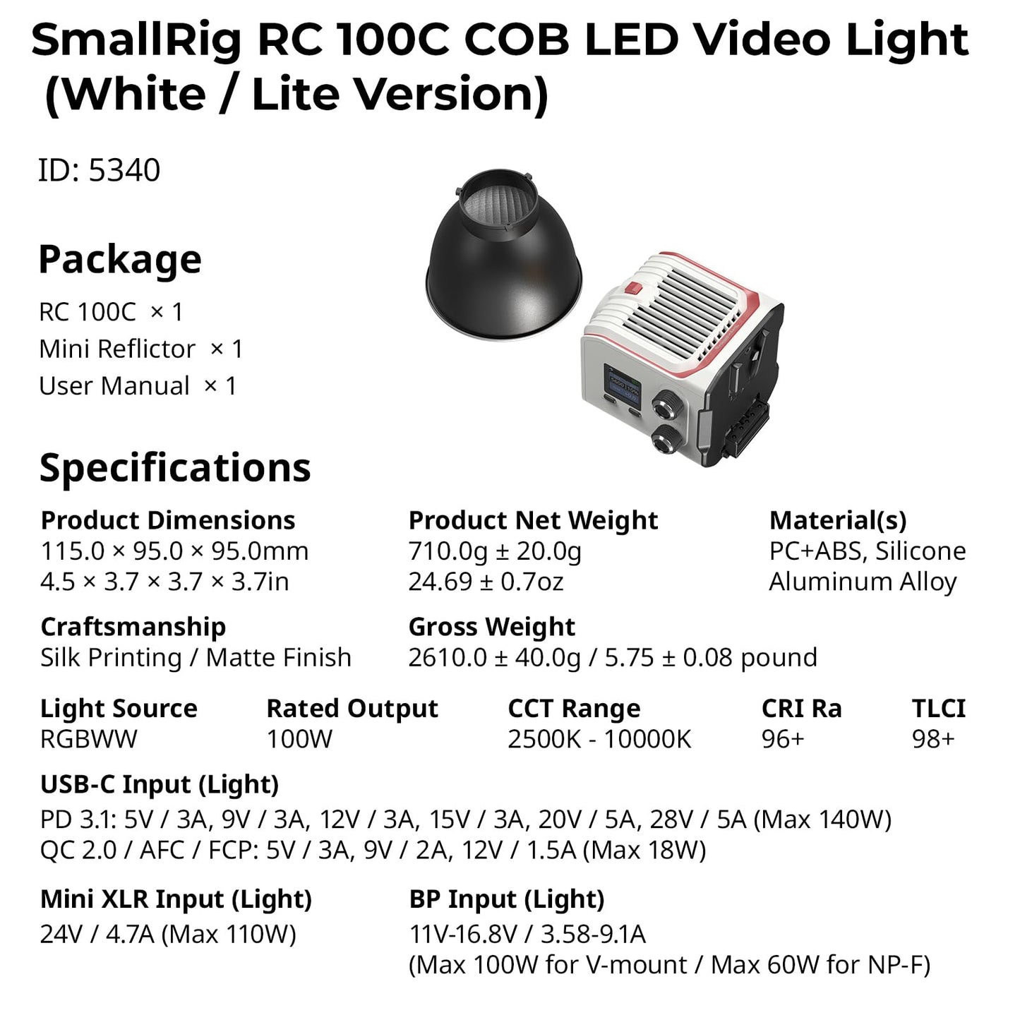 SmallRig RC 100C RGBWW LED Video Light, with App Control, 100W Mini COB Continuous Output Lighting, Handheld Spotlight 2700-10000K/CRI 96+/TLCI 98+/12 Effects, 11000Lux/1m, Lite Version White, 5340