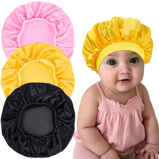 3 Pieces Kids Satin Bonnet Sleeping Cap Silk Wide Band Night Hats Hair For Natural Hair Teens Toddler Child Baby