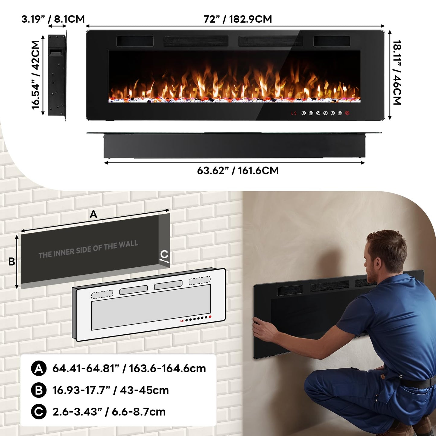 Tornivk 72 Inch Electric Fireplace Inserts Ultra-Thin Freestanding 750/1500W Electric Fireplace Heater Wall Mounted or Recessed Fireplace Electric with Adjustable Multicolor Flame,Timer